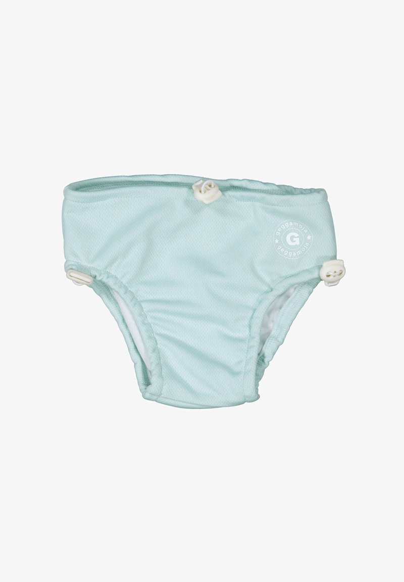 Valaise vaalean mintunvihreä uimapuku, joka on valmistettu teksturoidusta kankaasta, ja jossa on valkoiset nepparit sekä pyöreä logo sivussa.