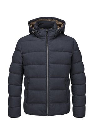 Gepolsterte dunkelgraue Jacke mit Kapuze, ausgestattet mit einem Reißverschluss vorne, zwei Seitentaschen und einem glatten, strukturierten Stoff. Das Innere ist hellbraun.