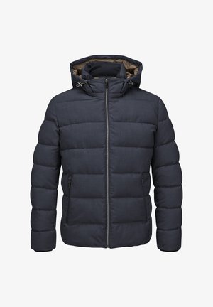 Gepolsterte dunkelgraue Jacke mit Kapuze, ausgestattet mit einem Reißverschluss vorne, zwei Seitentaschen und einem glatten, strukturierten Stoff. Das Innere ist hellbraun.