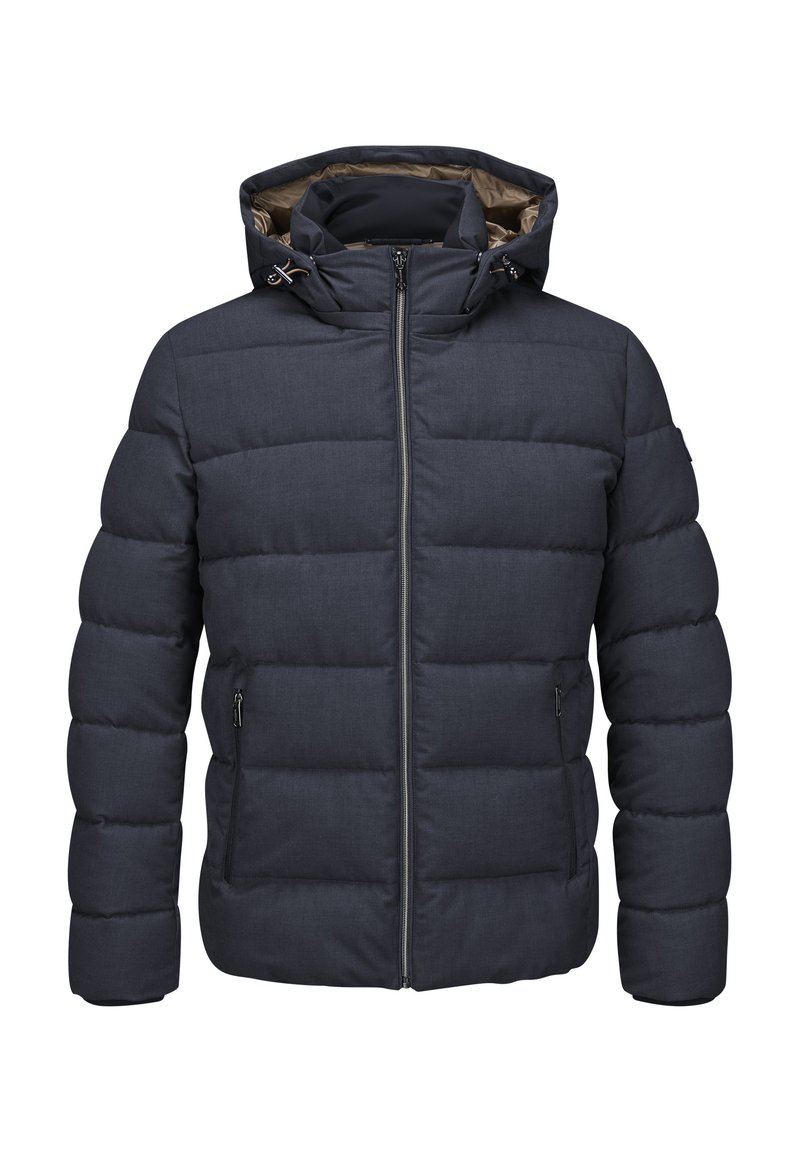 Gepolsterte dunkelgraue Jacke mit Kapuze, ausgestattet mit einem Reißverschluss vorne, zwei Seitentaschen und einem glatten, strukturierten Stoff. Das Innere ist hellbraun.