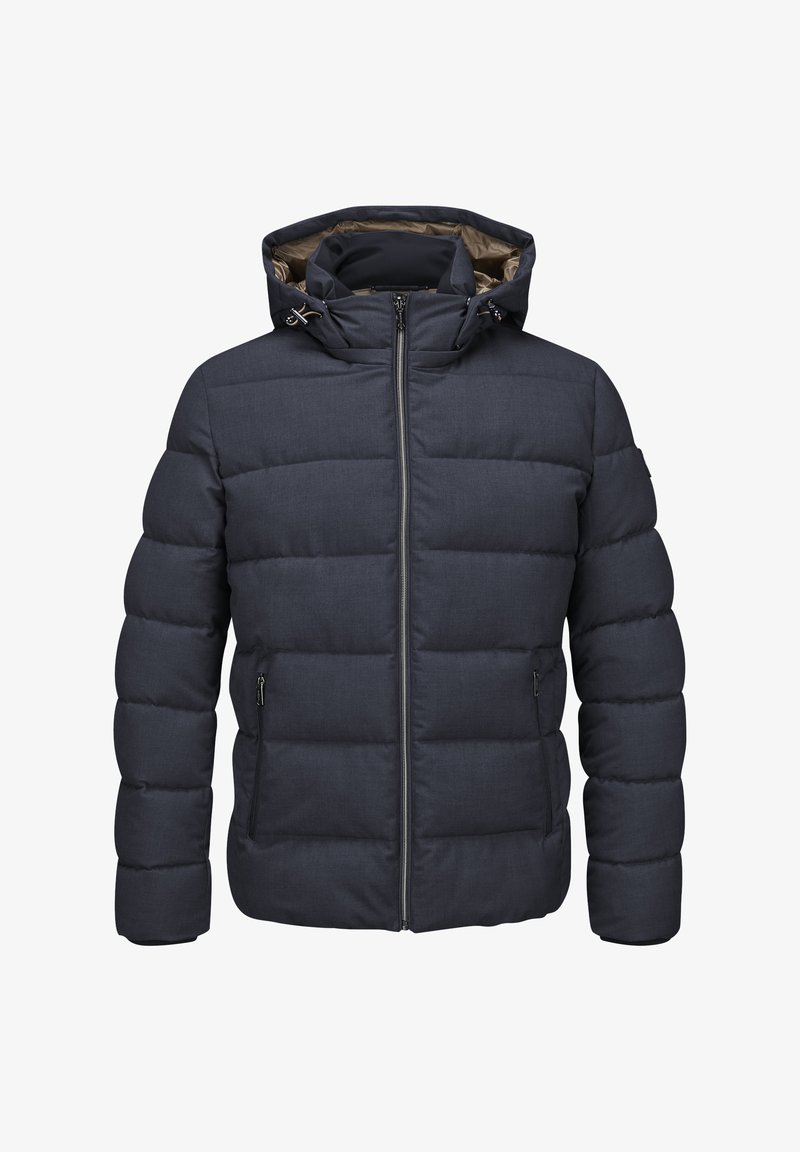 Gepolsterte dunkelgraue Jacke mit Kapuze, ausgestattet mit einem Reißverschluss vorne, zwei Seitentaschen und einem glatten, strukturierten Stoff. Das Innere ist hellbraun.