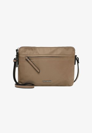 Small beige crossbody bag with front zip pocket, adjustable strap, and silver "EMILY & NOAH" logo on front center.