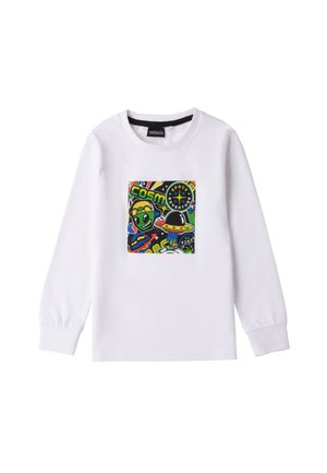 T-shirt bianco a maniche lunghe realizzato in cotone, caratterizzato da un grafico colorato a tema spaziale con alieni e astronavi al centro.