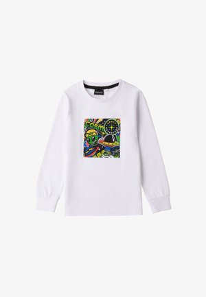 Witte long-sleeve T-shirt van katoen met een kleurrijke ruimte-thema grafiek in het midden, inclusief aliens en ruimteschepen.