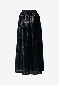 Schwarze Pailletten-Maxi-Rock mit einem breiten Taillenbund. Verfügt über ein fließendes Design und eine glänzende Textur durch zahlreiche Pailletten, die den gesamten Stoff bedecken.