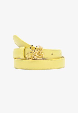 Yellow leather belt with a glossy finish, featuring a stylized gold metal buckle. Includes stitching details and multiple adjustment holes.