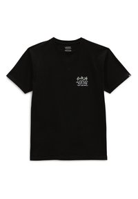Camiseta de algodón negra de manga corta con un gráfico blanco en el frontal que presenta un logo con texto estilizado y acentos decorativos. Cuello redondo clásico.