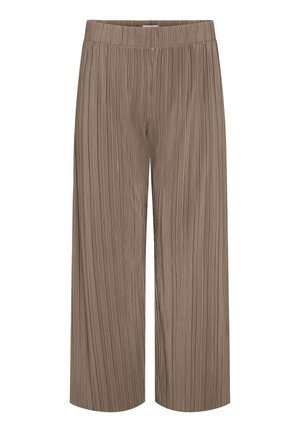 Hnědé široké kalhoty s řasením a elastickým pasem, vyrobené z lehké tkaniny.