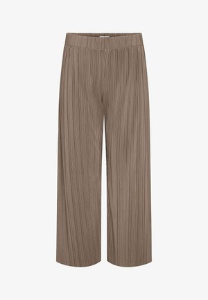 Brūnas plīsa platās bikses ar elastīgu jostasvietu, izgatavotas no viegla auduma.