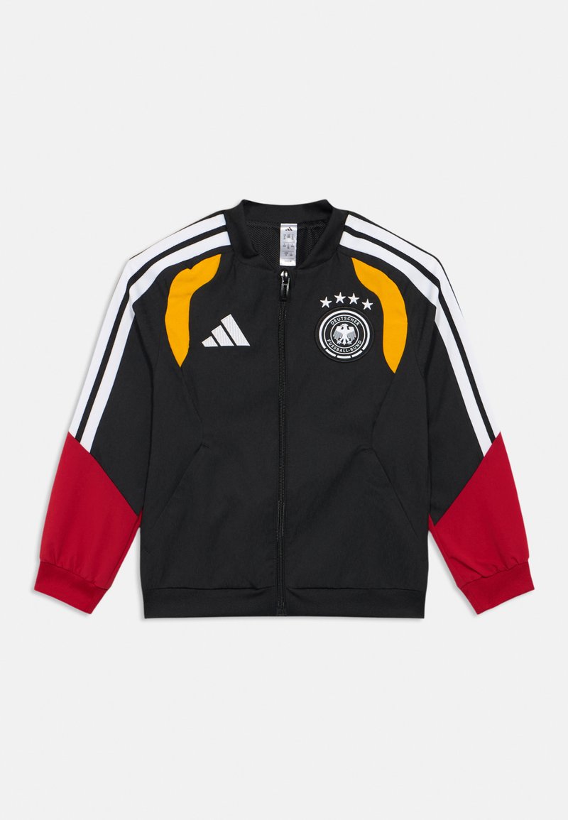 Black zip-up sports jacket with red sleeves, white stripes, yellow shoulder panels, Adidas logo, and Germany football team crest with four stars.