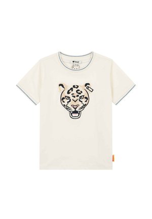 Cremefarbenes Kindershirt mit kurzen Ärmeln, blauer Einfassung und einem großen Leopardenkopf-Design mittig auf der Vorderseite.