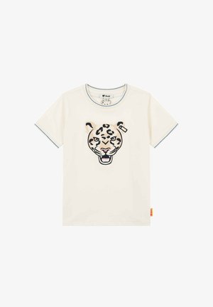 Cremefarbenes Kindershirt mit kurzen Ärmeln, blauer Einfassung und einem großen Leopardenkopf-Design mittig auf der Vorderseite.