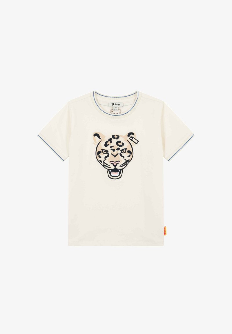 T-shirt crème à manches courtes pour enfants, bordé de bleu, avec un grand motif de visage de léopard centré sur le devant.