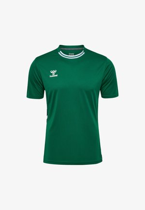 Groen sport t-shirt van gladde stof, met een ronde hals, korte mouwen en zwarte accentstrepen aan de zijkanten. Hummel-logo op de voorkant.