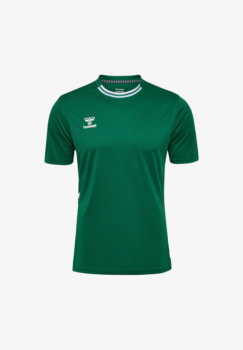 Grön sportt-shirt i slät tyg, med rundad halsringning, korta ärmar och svarta kontraststräck på sidorna. Hummel-logotypen på framsidan.