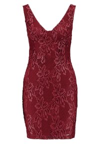 Robe en dentelle bordeaux avec motifs floraux, col en V, coupe ajustée et finition texturée. Sans manches avec un ourlet court.