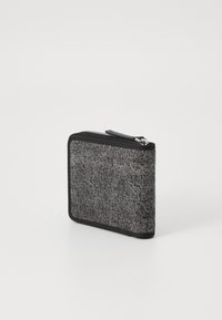 Zippered wallet made of textured black and gray fabric, rectangular shape with black trim, featuring a metal zipper and pull tab.