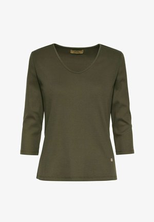 Oliwkowa koszula z długim rękawem, z okrągłym dekoltem, o ribbowanej fakturze i małym logo przy dolnym brzegu.