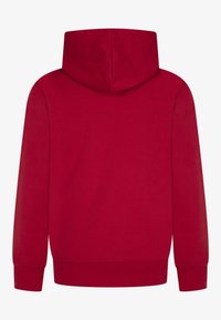 Sweat-shirt à capuche rouge avec manches longues, poignets et ourlet côtelés, présenté de dos sur un fond blanc uni.