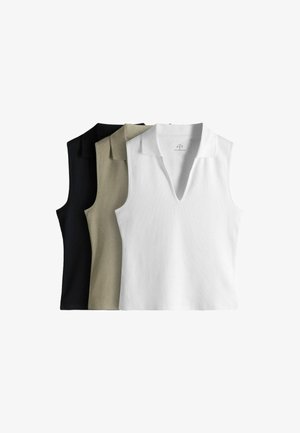 Kolm mustast, beežist ja valgest värvist kraega varrukatuta kootud tuba, mis on valgel taustal kattuvad.