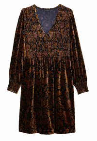 Samtkleid mit tiefem V-Ausschnitt, langen Ärmeln und gerafft tailliert. Es weist ein dunkles Blumenmuster in Burgunder-, Gold- und Marineblau-Tönen auf.