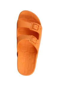 Orange rubber slide sandal with two adjustable buckles, a textured footbed, and a smooth sole, designed for comfort and casual wear.