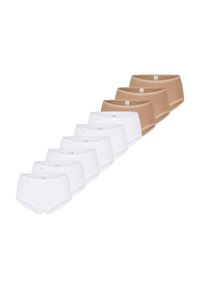 Confezione da nove slip in cotone: cinque bianchi e quattro color nudo, con bordo in pizzo. Design a vita media con tessuto morbido e strutturato per il massimo comfort.