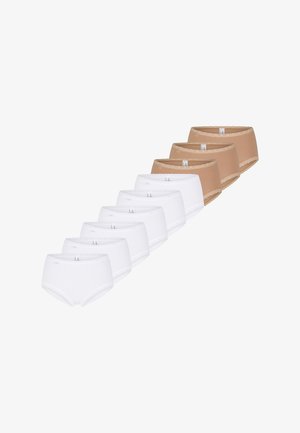 Packung mit neun Baumwollslips: fünf weiße und vier hautfarbene, mit Spitzenbesatz. Mid-Rise-Schnitt mit weichem, strukturiertem Stoff für Komfort.