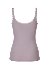 Canotta a coste color lilla chiaro con spalline sottili e delicato bordo in pizzo lungo lo scollo e gli scalfi. Texture liscia.