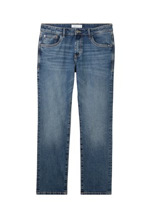 Jeans in denim blu chiaro con un design a gamba dritta, dotati di tasche frontali e posteriori, chiusura con bottone e leggera scoloritura.