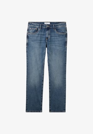 Svetlo modri denim skinny jeans s ravnim krojem, ki imajo sprednje in zadnje žepke, z gumbnim zapiranjem in blagim razbarvanjem.
