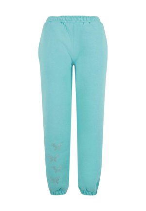 Turkise joggebukser laget av myk stoff, med elastisk midje, elastiske mansjetter og dekorative sommerfugl-detaljer.