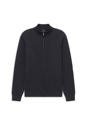 Black full-zip sweater with ribbed collar, cuffs, and hem, featuring two front pockets and a simple, clean design.