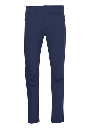 Pantaloni de culoare bleumarin cu o textură fină, având un design clasic, o talie cu două nasturi și buzunare laterale pentru utilitate.