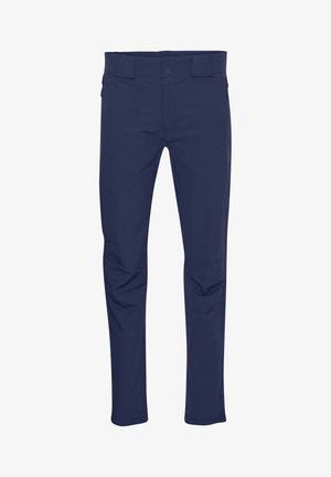 Laivansiniset housut, joissa on sileä pinta, klassinen muotoilu, kaksinappinen vyötärö ja sivutaskut käytännöllisyyttä varten.