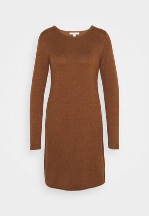 Brown, long-sleeved dress made of ribbed fabric with a round neckline and a straight cut, featuring a slightly curved hem.