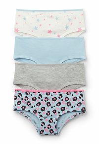 Cztery pary majtek dziewczęcych: białe w różowe i niebieskie gwiazdki, jednolite jasnoniebieskie, szare oraz pastelowe niebieskie w czarno-różowe wzory w panterkę.