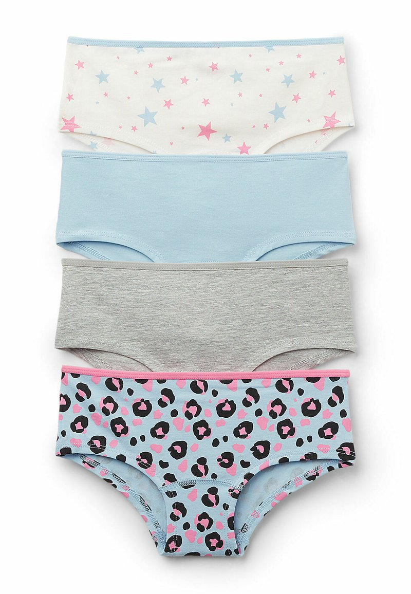 Cztery pary majtek dziewczęcych: białe w różowe i niebieskie gwiazdki, jednolite jasnoniebieskie, szare oraz pastelowe niebieskie w czarno-różowe wzory w panterkę.