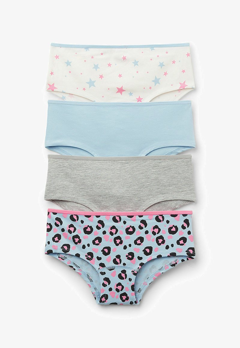 Cztery pary majtek dziewczęcych: białe w różowe i niebieskie gwiazdki, jednolite jasnoniebieskie, szare oraz pastelowe niebieskie w czarno-różowe wzory w panterkę.