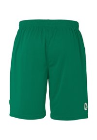 Shorts de sport verts en tissu lisse, avec une taille élastique et un petit logo en bas à droite. Pas de poches.