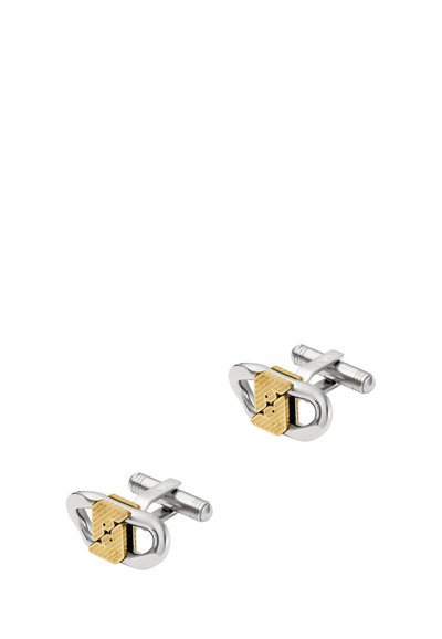 Silverfärgade metal cufflinks med guldfärgade accenter, med en geometrisk design och texturerad yta, säkrade med en robust postback.