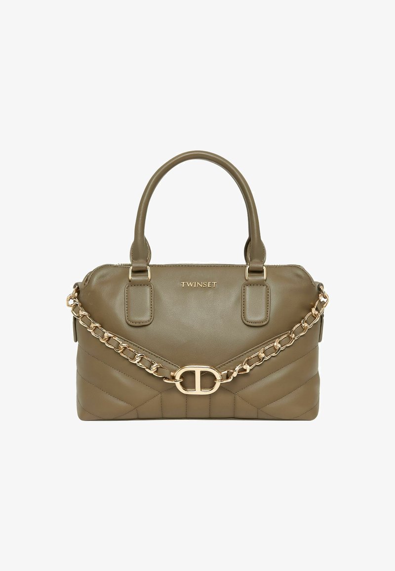 Sac à main en cuir vert olive avec matelassage en diamant rembourré, double poignées supérieures, et accent de chaîne dorée avec une boucle décorative.