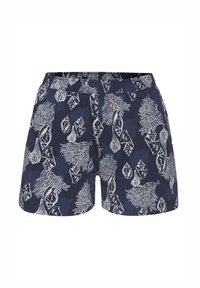 Marineblaue Shorts mit einem weißen, meerinspirierten Muster aus Muscheln und Korallen. Elastischer Bund; leichtes Material mit glatter Textur.