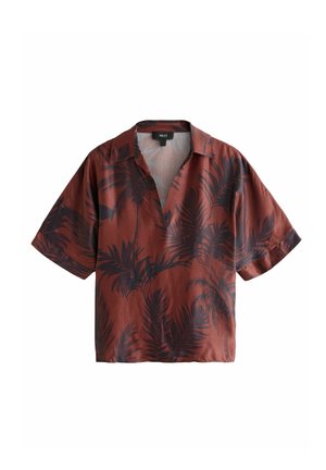 Rustbrun kortærmet skjorte med mørke palmemønstre, åben krave og løs pasform.