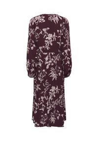 Weinrotes Kleid mit langen Ärmeln, das ein florales Muster in hellen Farben zeigt, von hinten betrachtet. Der Saum endet knapp über den Knöcheln.