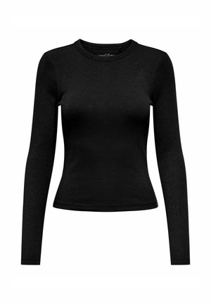 Zwarte geribbelde, nauwsluitende top met lange mouwen en een ronde hals, met een licht uitlopende zoom, getoond op een witte achtergrond.
