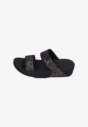 Black sandals with two wide straps, featuring a glittery, multicolored texture. Thick sole for added height and support.