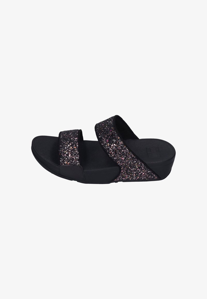 Black sandals with two wide straps, featuring a glittery, multicolored texture. Thick sole for added height and support.