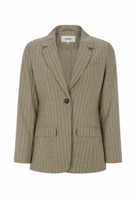 Beżowa marynarka w paski z wciętym klapą, pojedynczym zapięciem na guzik, dwoma przednimi kieszeniami i gładką podszewką wewnętrzną.