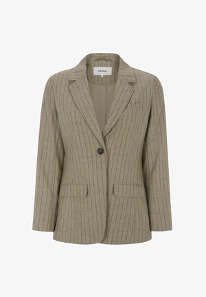 Sacou cu dungi bej, rever cu tăietură în V, închidere cu un singur nasture, două buzunare frontale și căptușeală interioară netedă.